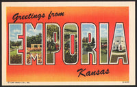 Vintage postcard GREETINGS FROM EMPORIA KANSAS large letter linen type unused