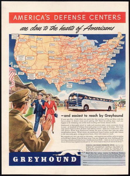 Vintage magazine ad GREYHOUND BUS 1941 US Military Defense Centers on map