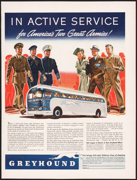 Vintage magazine ad GREYHOUND In Active Service from 1942 military men and bus