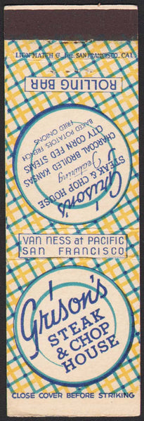Vintage matchbook cover GRISONS STEAK and CHOP HOUSE San Francisco California