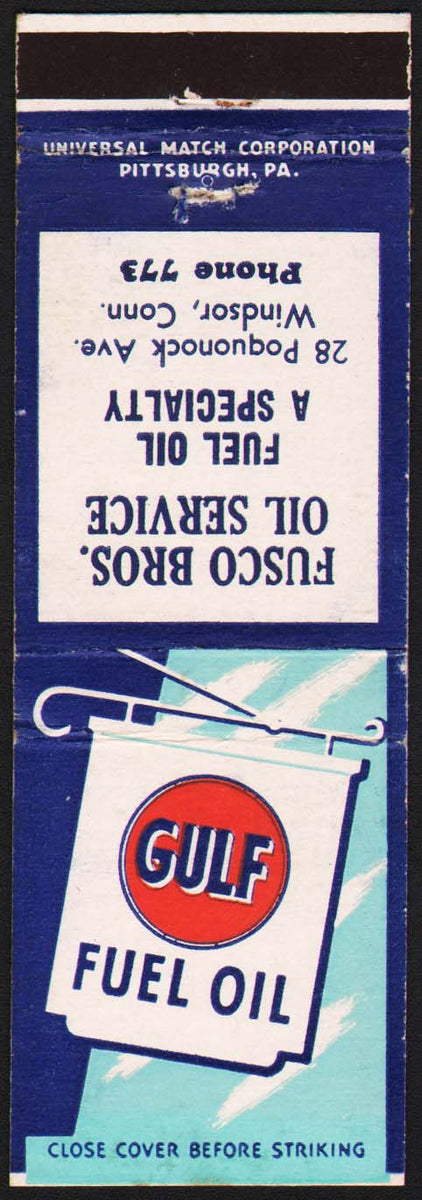 Vintage matchbook cover GULF FUEL OIL sign pictured Fusco Bros Oil Win ...