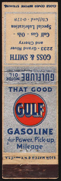 Vintage matchbook cover GULF gasoline oil Goss and Smith 2233 Grand River Cherry