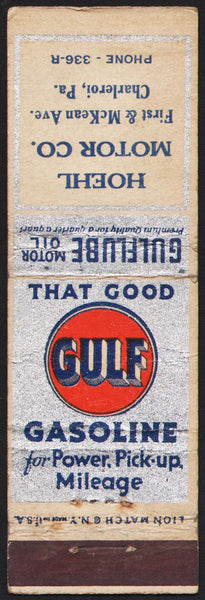 Vintage matchbook cover GULF GASOLINE Gulflube oil Hoehl Motor Co Charleroi PA