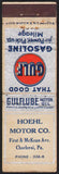 Vintage matchbook cover GULF GASOLINE Gulflube oil Hoehl Motor Co Charleroi PA