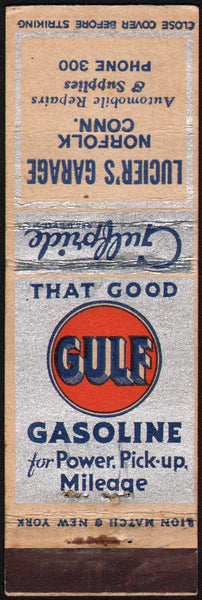 Vintage matchbook cover GULF GASOLINE Gulfpride Luciers Garage Norfolk Conn