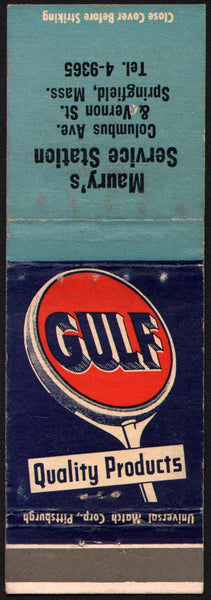 Vintage matchbook cover GULF gas oil Maurys Service sign pictured Springfield Mass