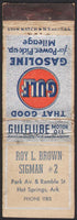 Vintage matchbook cover GULF GASOLINE Motor Oil Roy Brown Hot Springs Arkansas