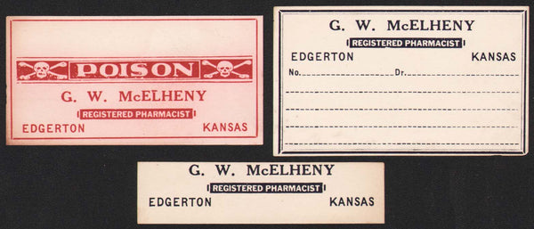 Vintage labels G W McELHENY Registered Pharmacist Poison Edgerton Kansas unused