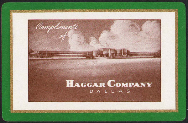 Vintage playing card HAGGAR COMPANY green border building pictured Dallas Texas