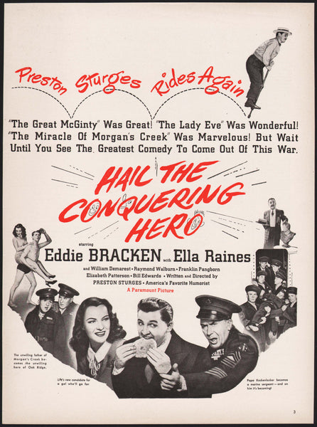 Vintage magazine ad HAIL THE CONQUERING HERO movie 1944 Eddie Bracken Ella Raines