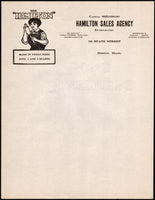 Vintage letterhead HAMILTON SALES AGENCY woman holding mop Boston Mass unused