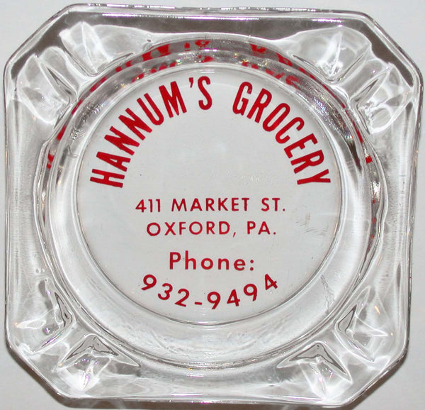 Vintage glass ashtray HANNUMS GROCERY Oxford Pennsylvania new old stock n-mint+