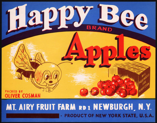Vintage label HAPPY BEE APPLES bee pictured Mt Airy Farm Newburgh NY unused n-mint+