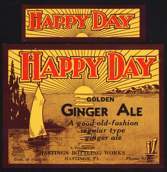 Vintage soda pop bottle label HAPPY DAY GINGER ALE Hastings PA unused n-mint+