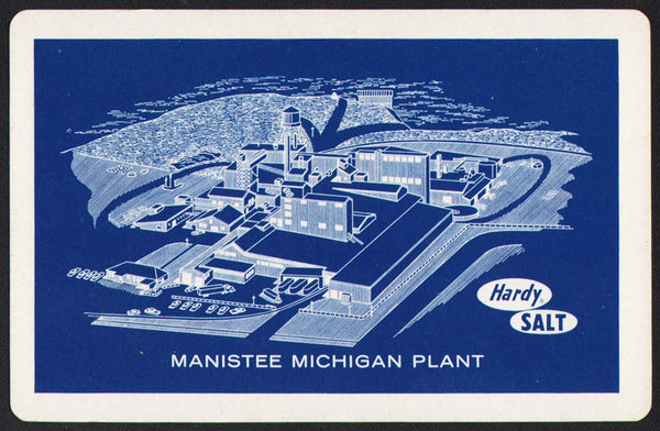 Vintage playing card HARDY SALT blue background Manistee Michigan Plant pictured
