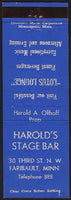Vintage matchbook cover HAROLDS STAGE BAR Harold Ollhoff Faribault Minnesota
