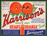 Vintage soda pop bottle label HARRISONS HEART O ORANGE cartoon oranges Chicago