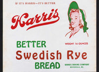 Vintage bread wrapper HARRIS SWEDISH RYE woman pictured Waterville Maine unused