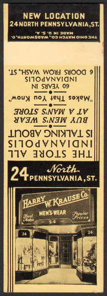 Vintage matchbook cover HARRY W KRAUSE Mens Wear Indianapolis IN salesman sample
