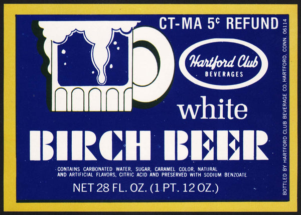 Vintage soda pop bottle label HARTFORD CLUB BIRCH BEER Connecticut unused n-mint+