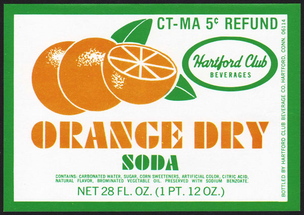 Vintage soda pop bottle label HARTFORD CLUB ORANGE DRY Connecticut unused n-mint+