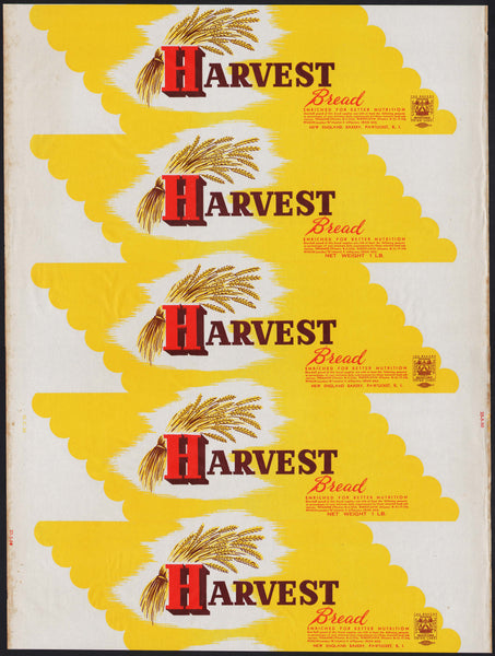 Vintage bread wrapper HARVEST BREAD wheat pictured 1950 Pawtucket Rhode Island unused