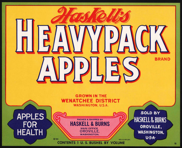 Vintage label HASKELLS HEAVYPACK APPLES fruit crate Burns Oroville Washington