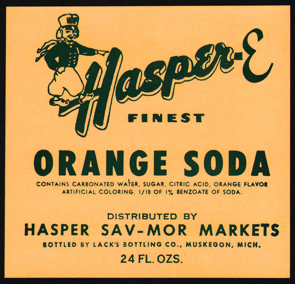 Vintage soda pop bottle label HASPER ORANGE SODA #2 Muskegon Michigan unused