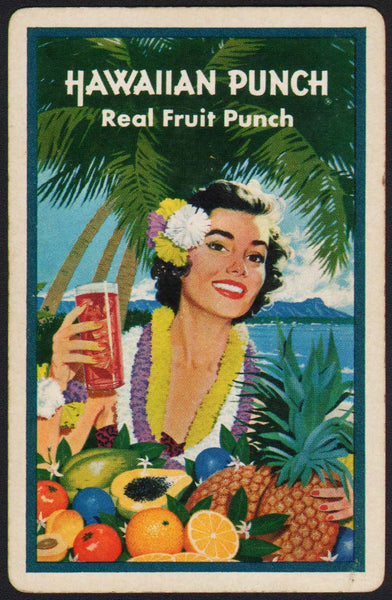 Vintage playing card HAWAIIAN PUNCH blue border woman tropical scene with fruit