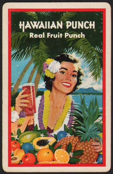 Vintage playing card HAWAIIAN PUNCH red border woman tropical scene with fruit