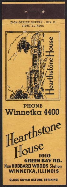 Vintage matchbook cover HEARTHSTONE HOUSE restaurant pictured Winnetka Illinois