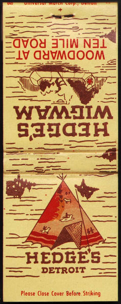 Vintage full matchbook HEDGES WIGWAM teepee and canoe pictured Detroit Michigan