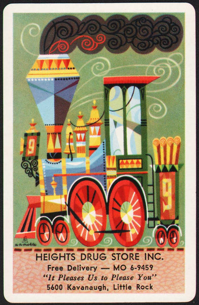 Vintage playing card HEIGHTS DRUG STORE cartoon train pictured Little Rock Arkansas