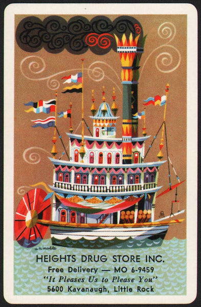 Vintage playing card HEIGHTS DRUG STORE cartoon ship pictured Little Rock Arkansas