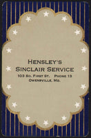 Vintage playing card HENSLEYS SINCLAIR SERVICE gas oil Phone 13 Owensville MO