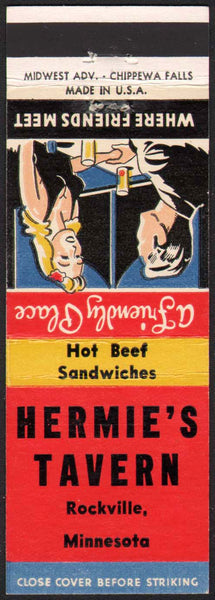 Vintage matchbook cover HERMIES TAVERN with couple pictured Rockville Minnesota