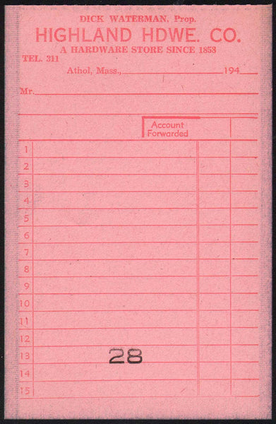 Vintage receipt HIGHLAND HDWE CO Dick Waterman Prop Athol Mass unused n-mint