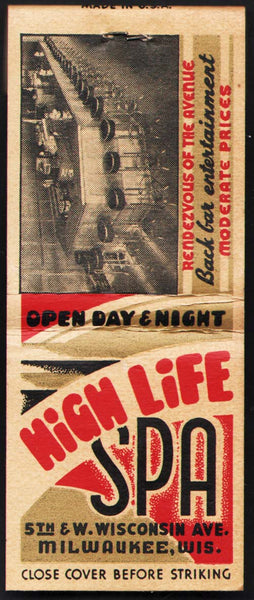 Vintage full matchbook HIGH LIFE SPA picturing the back bar Milwaukee Wisconsin