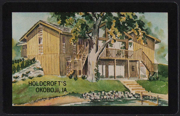 Vintage playing card HOLDCROFTS black border Okoboji Iowa picturing a nice house