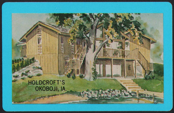 Vintage playing card HOLDCROFTS blue border Okoboji Iowa picturing a nice house