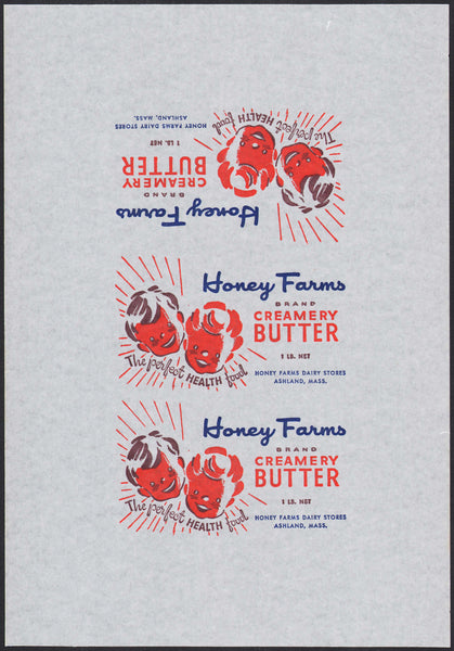 Vintage wrapper HONEY FARMS CREAMERY BUTTER kids pictured Ashland Mass n-mint
