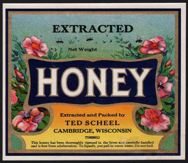 Vintage label HONEY flowers and bees Ted Scheel Cambridge Wisconsin large n-mint
