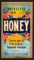 Vintage label HONEY flowers and bees Ted Scheel Cambridge Wisconsin small n-mint