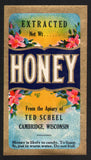 Vintage label HONEY flowers and bees Ted Scheel Cambridge Wisconsin small n-mint