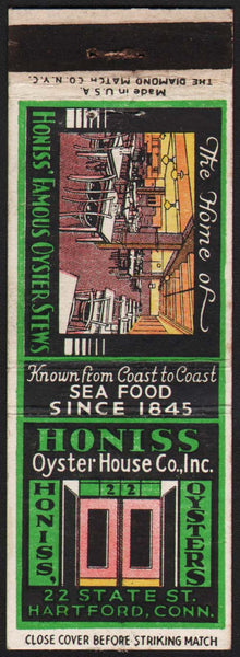 Vintage matchbook cover HONISS Oyster House entrance interior pictures Hartford Conn