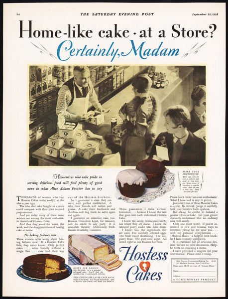 Vintage magazine ad HOSTESS CAKES from 1928 Continental Baking cupcakes pictured