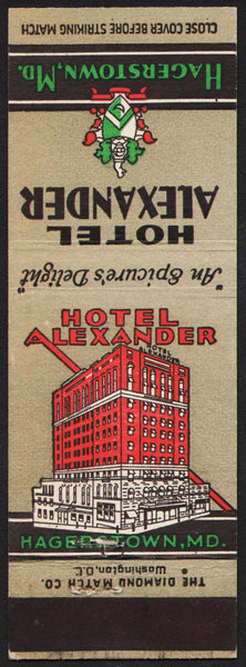 Vintage matchbook cover HOTEL ALEXANDER old hotel pictured Hagerstown Maryland