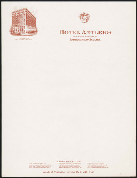 Vintage letterhead HOTEL ANTLERS Albert Pick old hotel pictured Indianapolis Indiana