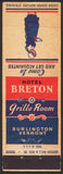 Vintage matchbook cover HOTEL BRETON Grille Room girl pictured Burlington Vermont