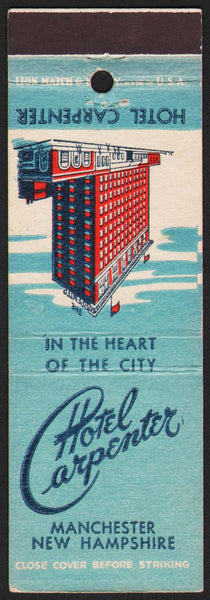 Vintage matchbook cover HOTEL CARPENTER old hotel pictured Manchester New Hampshire